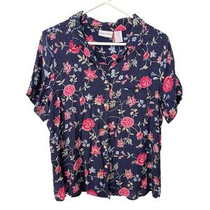 Jaclyn Smith XL Blue Pink Blouse Crinkled Button Up‎ Blouse Cottage Core 90's